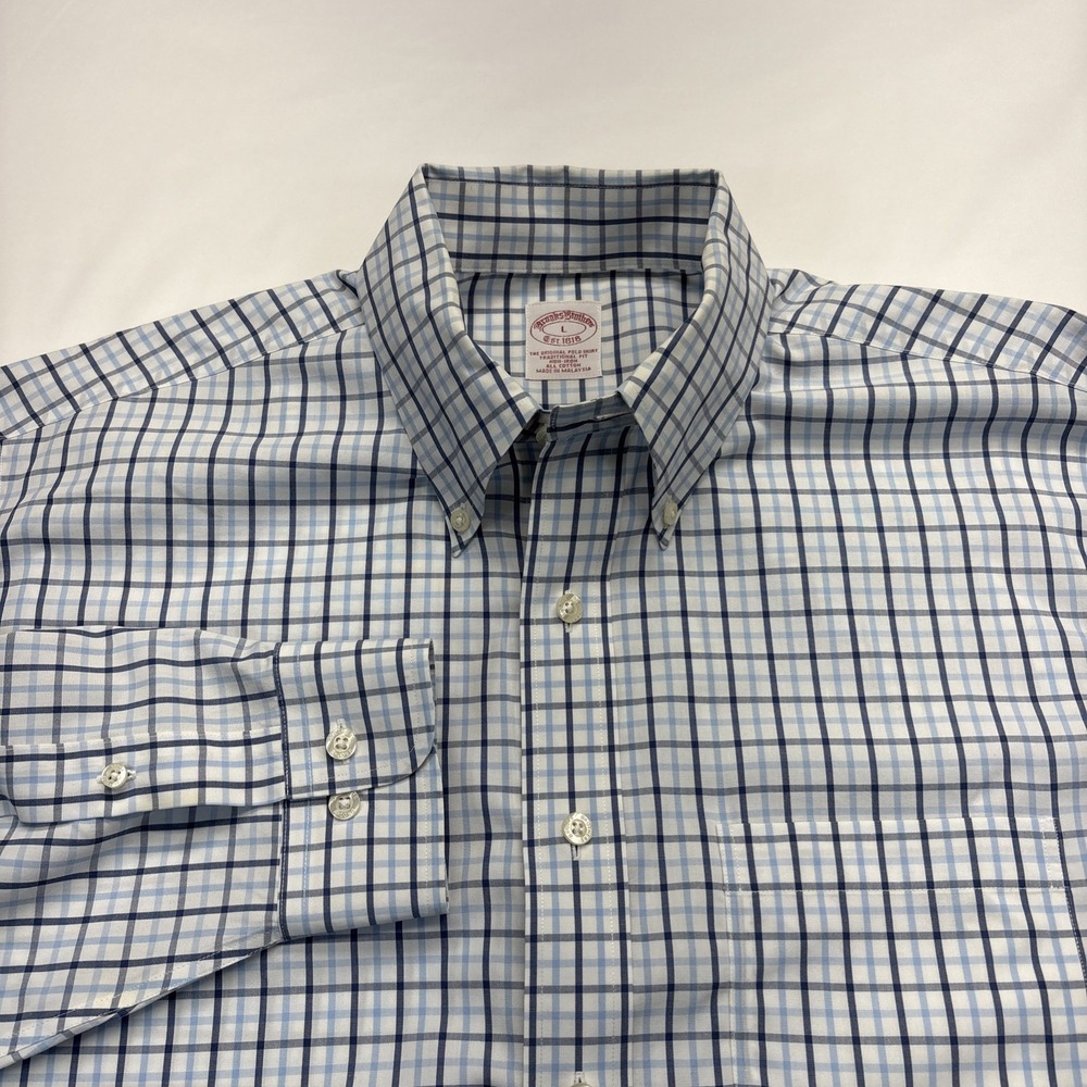Brooks Brothers Shirt Men's Large White/Blue Plaid Dress Casual Long Sleeve